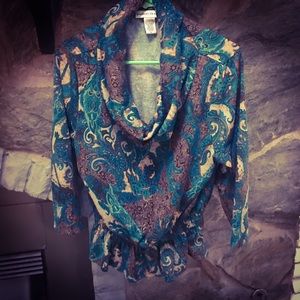 COPY - Bamboo Traders Floral Print Brown  and Green Cowl Neck Blouse Size L